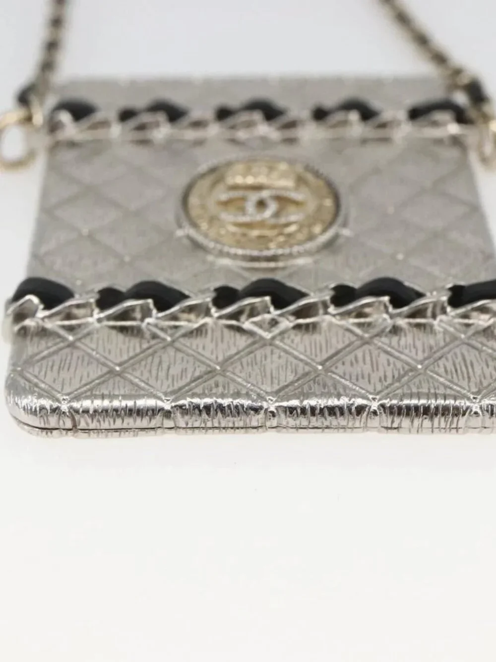 CHANEL Chain Neck Card Case metal Silver tone CC Auth 164711SM